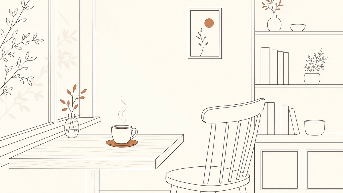 窓際の席にコーヒーカップが置かれた、静かなカフェの一角のイラスト