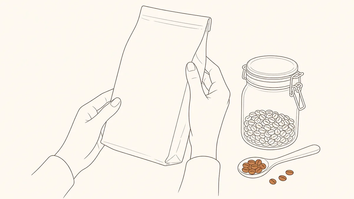 コーヒー豆の袋を裏返して確かめる手と保存容器のイラスト